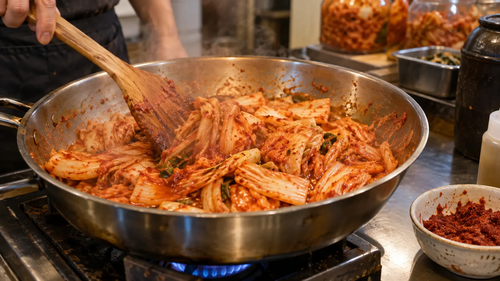 신김치 건더기를 먼저 볶은 뒤 국물과 단맛 재료를 나누어 넣으며, 팬의 수분과 짠맛을 확인하는 대량 조리 과정을 보여주는 장면입니다. — 볶음 양념의 투입 순서(신김치를 전이나 볶음에 활용할 때 양념은 어떻게 조절할까?) 내용을 보여주는 사진