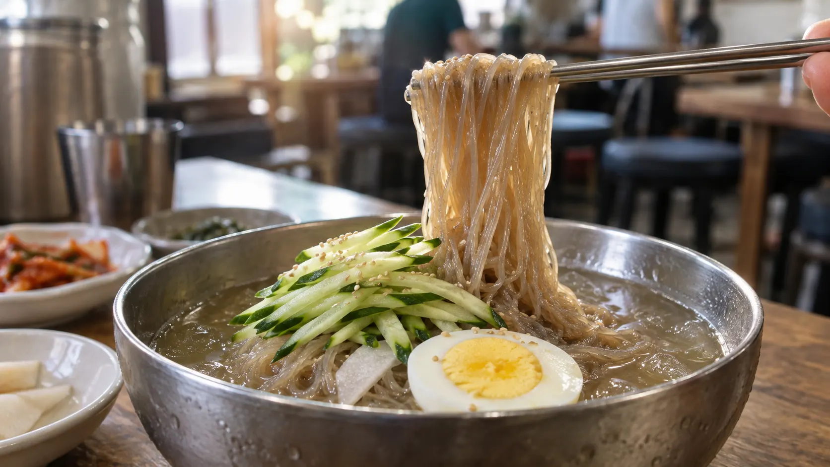 삶은 달걀의 부드러움, 오이의 아삭함, 배의 단맛, 고기의 씹는 질감이 차가운 면과 함께 놓여 한 젓가락마다 달라지는 조합을 보여주는 장면입니다. 재료별 역할을 비교하는 식사 흐름이 드러납니다.