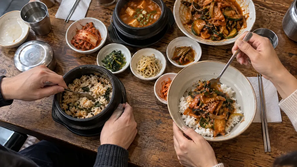 뚜껑을 연 작은 솥 안에서 밥과 재료를 섞는 장면과 넓은 그릇의 밥 위에 익힌 토핑을 올리는 장면을 통해 두 메뉴의 담는 순서와 식사 흐름을 비교합니다.