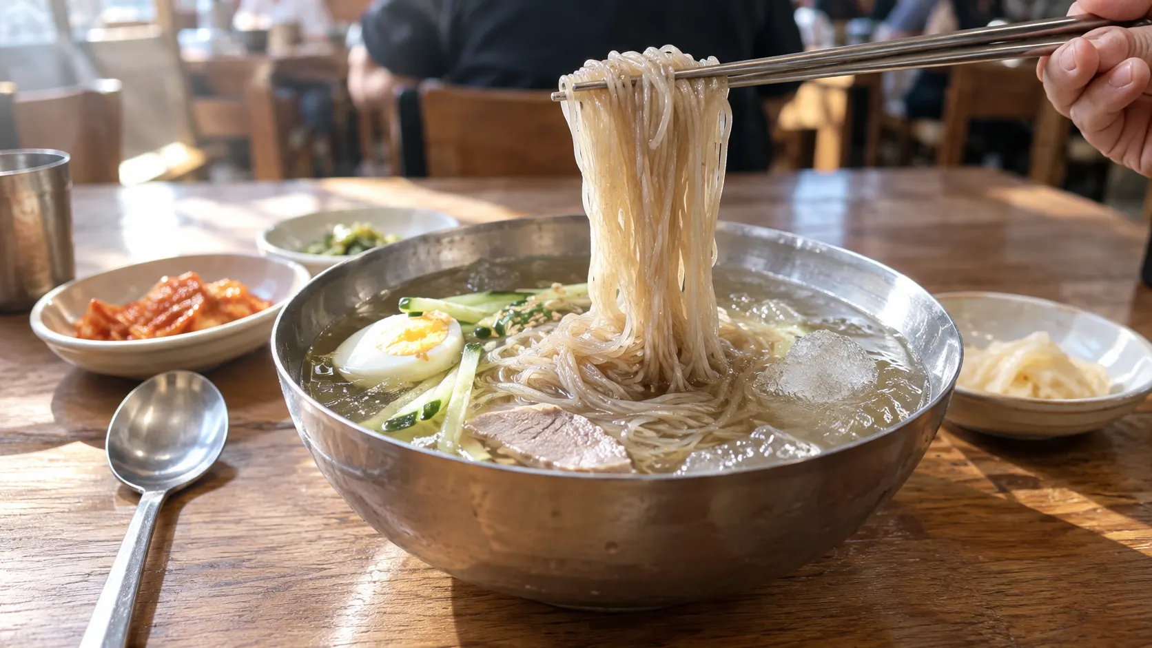 냉면 그릇 안에서 얼음이 절반쯤 녹아 국물에 물이 퍼지는 모습과 젓가락으로 면을 들어 올려 국물의 변화를 살피는 식사 장면을 보여 줍니다. 처음 한 모금과 시간이 지난 뒤의 농도 차이를 이해하는 데 도움이 됩니다.