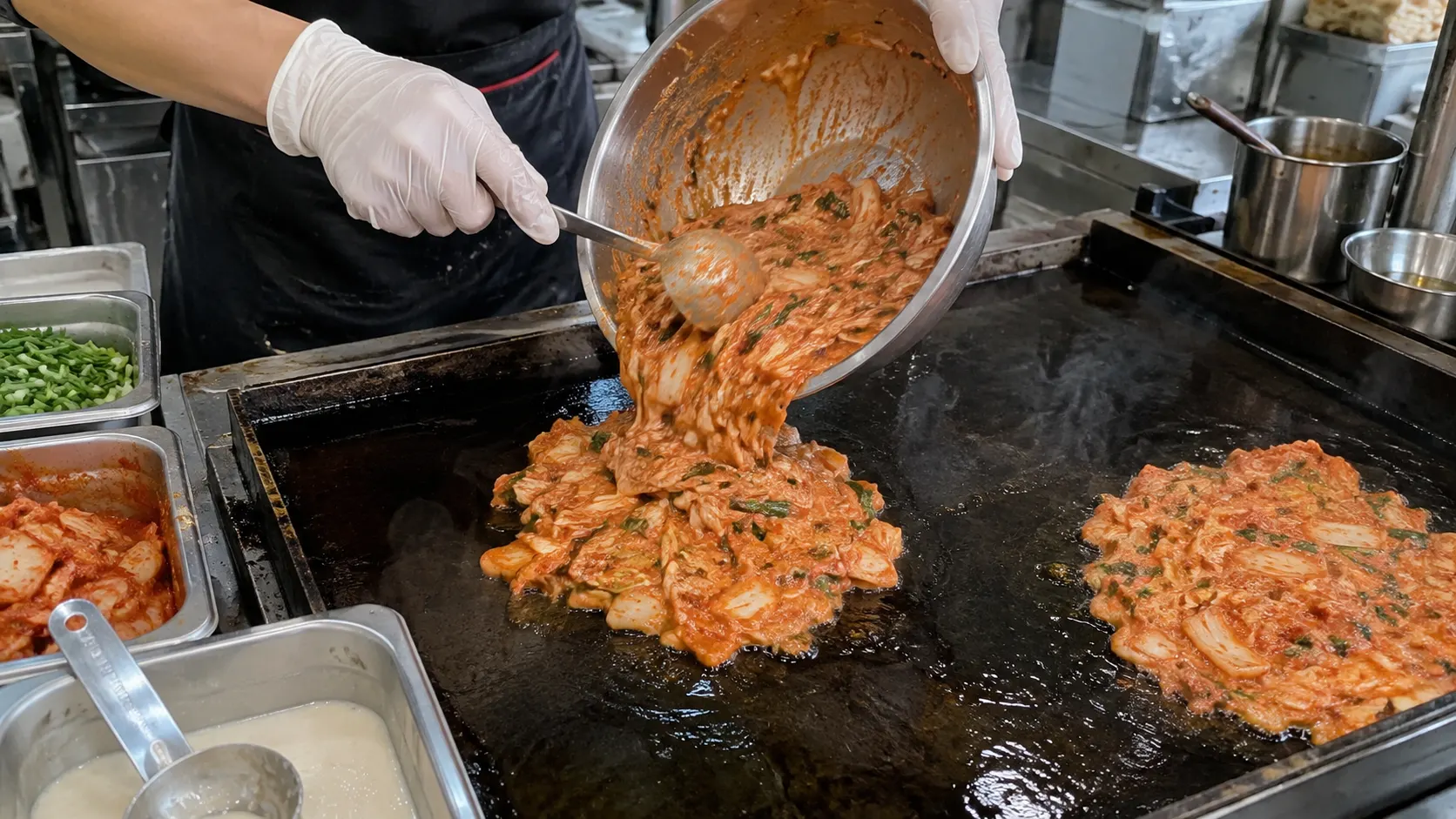 신김치 건더기의 물기와 반죽 간을 조절해 넓은 철판에 전을 부치는 장면으로, 김치 국물과 소금 사용량을 낮추는 과정을 보여줍니다. — 전 반죽의 간 맞추기(신김치를 전이나 볶음에 활용할 때 양념은 어떻게 조절할까?) 내용을 보여주는 사진