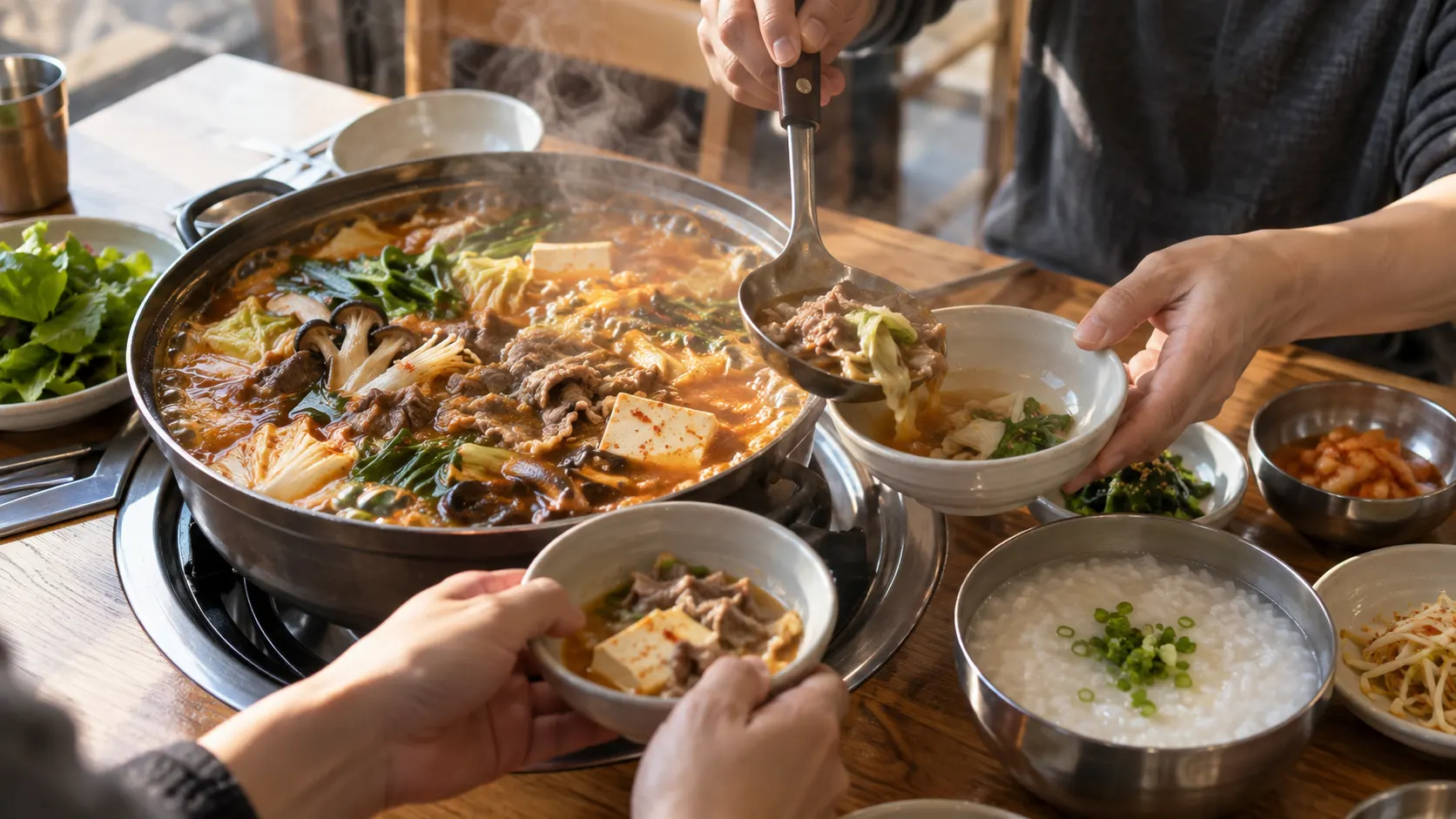 식탁 가운데 김이 오르는 전골 냄비에서 건더기를 앞접시에 덜어 먹는 모습과 옆자리의 개인 국밥 그릇을 함께 보여 주어 한 그릇 식사와 나눔 식사의 차이를 설명합니다. 식사 속도와 주문 단위의 차이도 드러납니다.