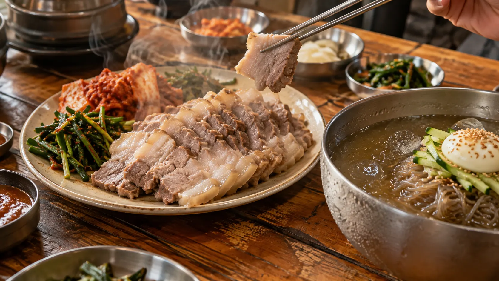김이 남은 수육과 물기가 맺힌 차가운 면을 나란히 담아 따뜻한 고기의 부드러운 결과 면의 탄력 있는 씹힘이 대비되는 한입 구성을 보여 줍니다. 젓가락이 면을 조금만 집고 있습니다.