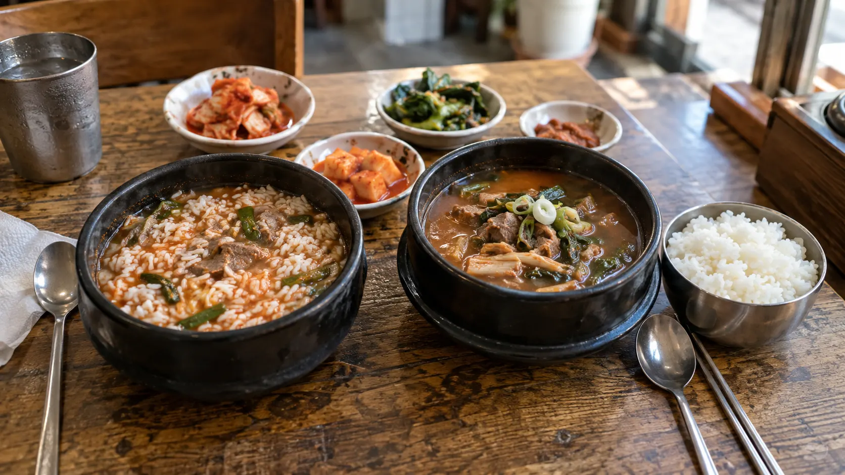 국밥을 밥과 국물로 섞은 상태와 따로 둔 상태를 나란히 보여 주며, 밥알의 형태와 국물의 탁도 차이가 식사 시간에 따라 달라지고 한 숟가락의 느낌까지 달라지는 모습을 설명합니다.