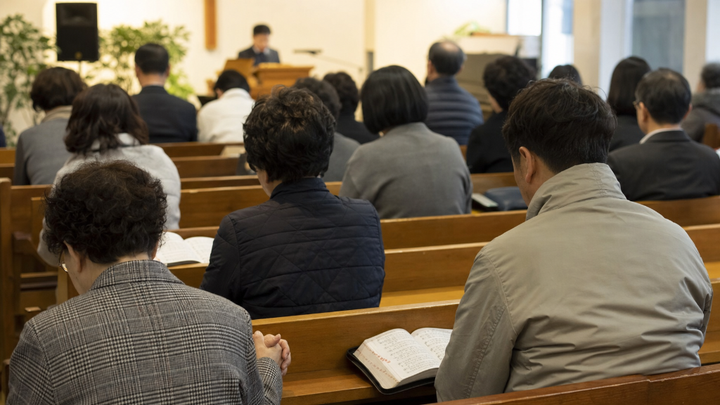 예배 중 사람들이 조용히 앉아 설교를 듣고 순서에 맞춰 차분히 참여하는 모습을 보여주는 장면입니다. — 예배 순서 이해(교회 처음 갈 때 예배 준비와 기본 예절) 내용을 보여주는 사진