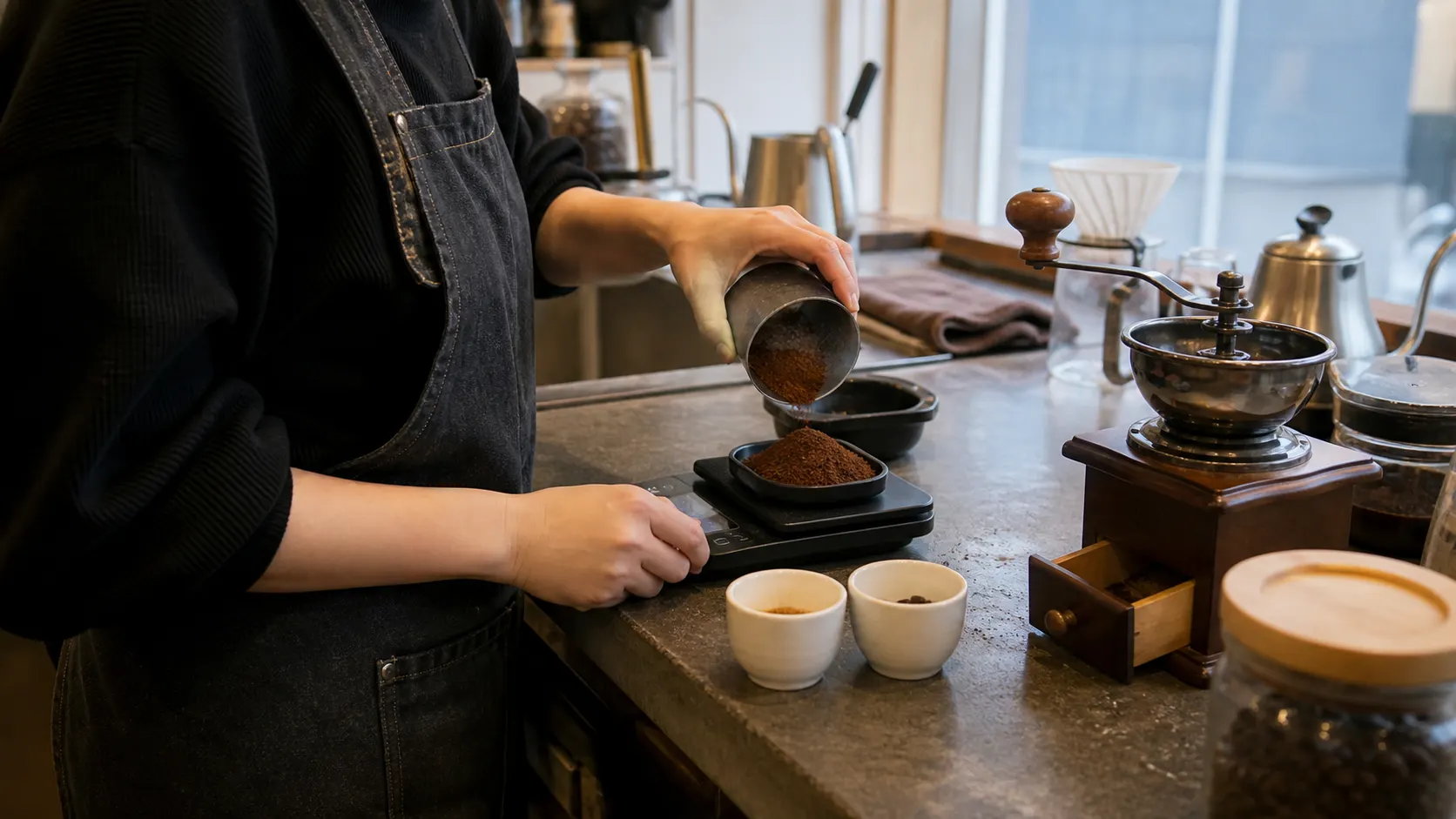 작업자가 디지털 저울로 분쇄한 원두의 양을 확인하고 두 잔의 커피를 나란히 맛보며, 같은 조건에서 로스팅 노트와 추출 시간의 차이를 기록하는 장면입니다.