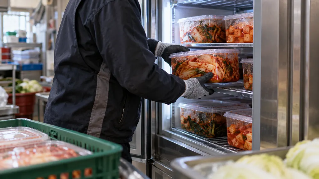 밀봉된 배추김치 용기를 냉장 공간으로 옮기는 작업 장면을 통해 입고 뒤 온도 흐름이 발효 속도와 신맛 변화에 미치는 관계를 설명하고, 대량 급식 운영에서 기록이 필요한 이유도 보여 줍니다.