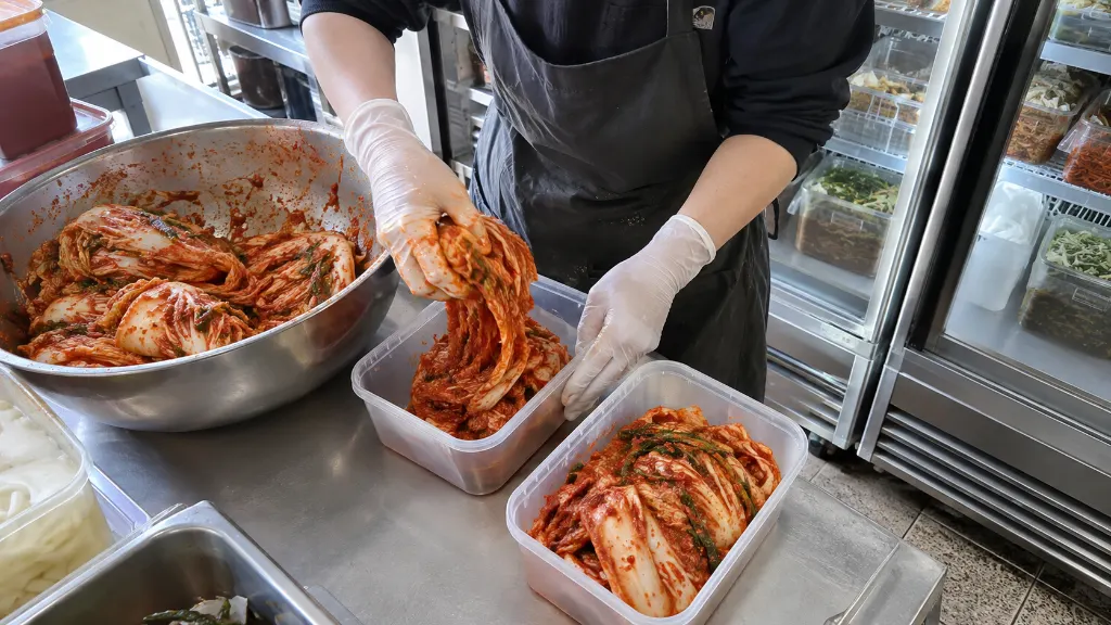 숙성용과 사용용 용기를 나누면 개봉 횟수와 온도 변화를 구분해 기록하고 겉절이와 배추김치의 사용 시점도 따로 관리합니다. 급식소와 점포에서 용기별 상태를 비교하는 기준이 됩니다.