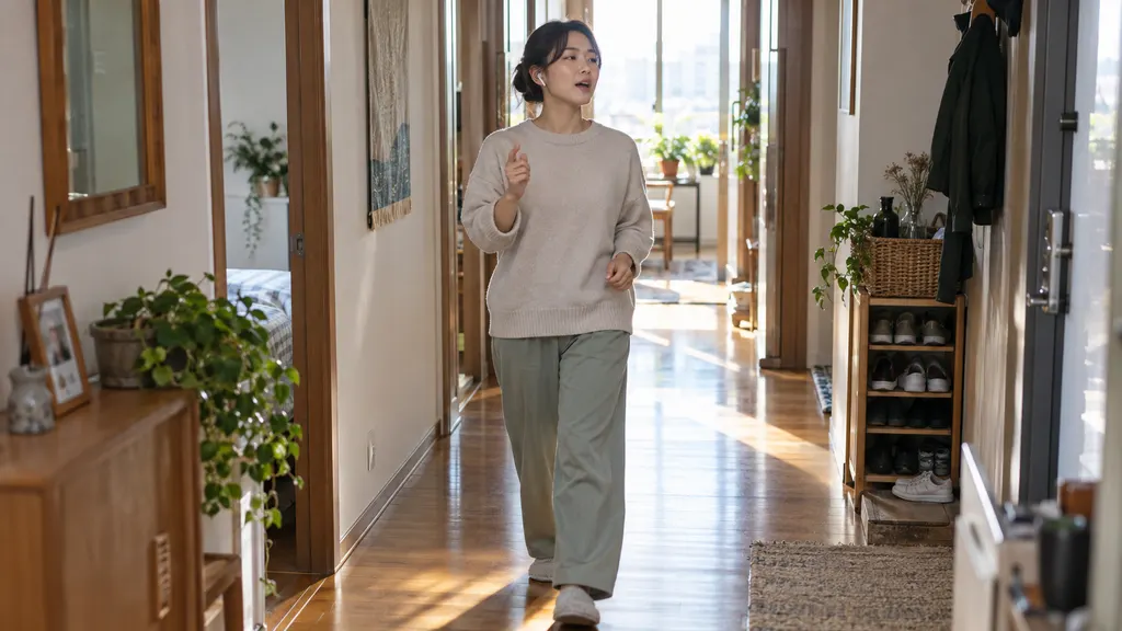 학습자가 이어폰으로 문장을 들으며 걸음과 말의 속도를 맞추고, 한 손으로 박자를 세어 영어의 연결음과 호흡을 연습하는 장면입니다. 멈추지 않고 이어 말하는 모습을 보여 줍니다.
