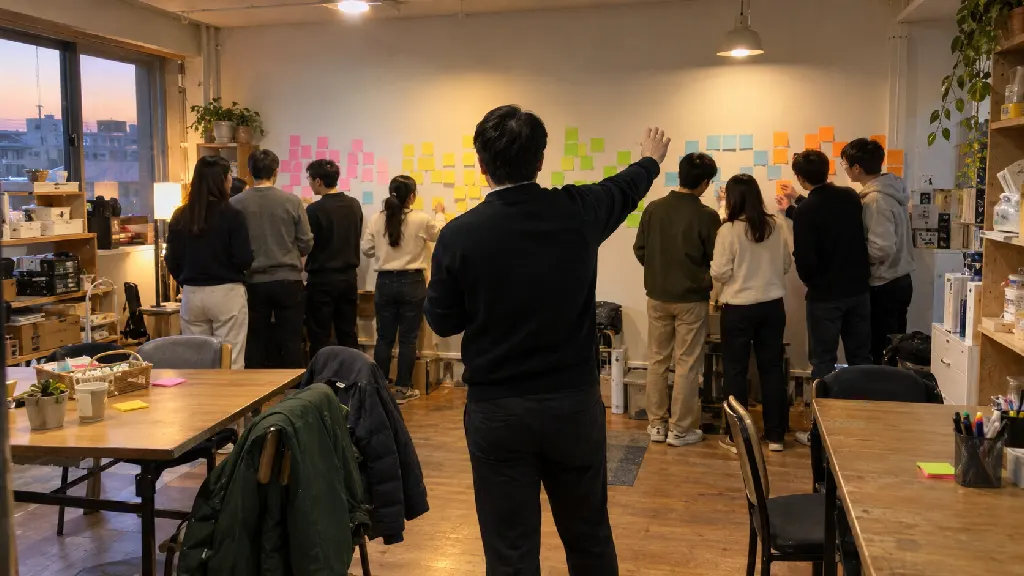 관리자가 직원 카드를 입사 단계와 역할에 따라 네 구역으로 나누고, 각 집단의 업무 과제를 적어 교육 대상을 정리하는 장면입니다. 직급보다 실제 업무 차이를 기준으로 삼는 내용을 보여줍니다.