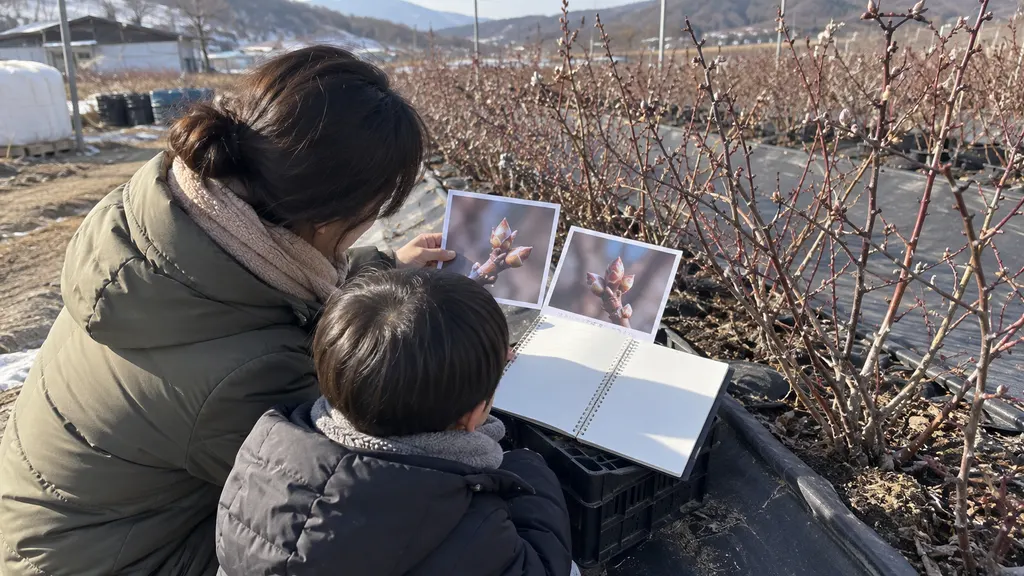 아이와 보호자가 가지를 만지지 않고 꽃눈 사진 두 장을 비교하며 관찰 사실과 느낀 점을 나누는 가족 체험 장면입니다. 작은 노트에는 꽃눈 번호와 짧은 메모가 남아 있습니다.