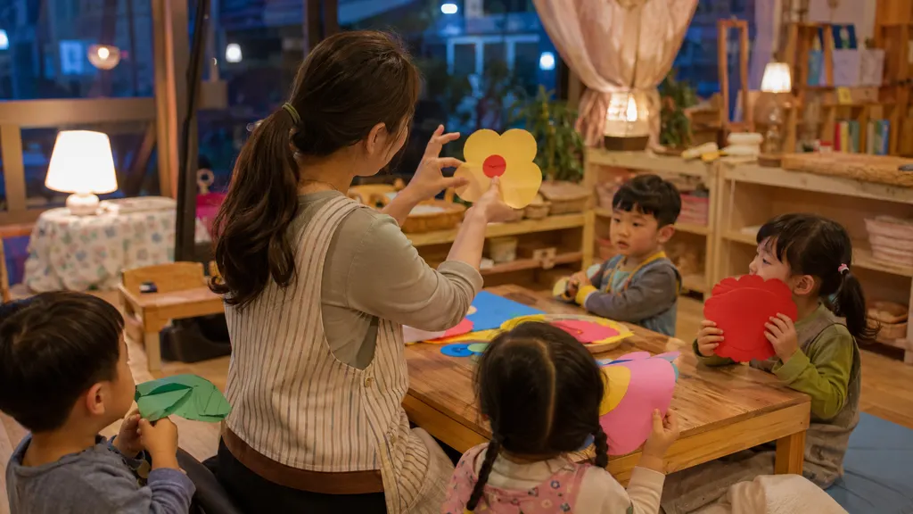 진행자가 유아 앞에서 손동작으로 한 단계를 보여 주고, 아이들이 설명을 들은 뒤 큰 재료를 움직이는 모습입니다. 교사는 시범 뒤 시작 시점을 관찰합니다.