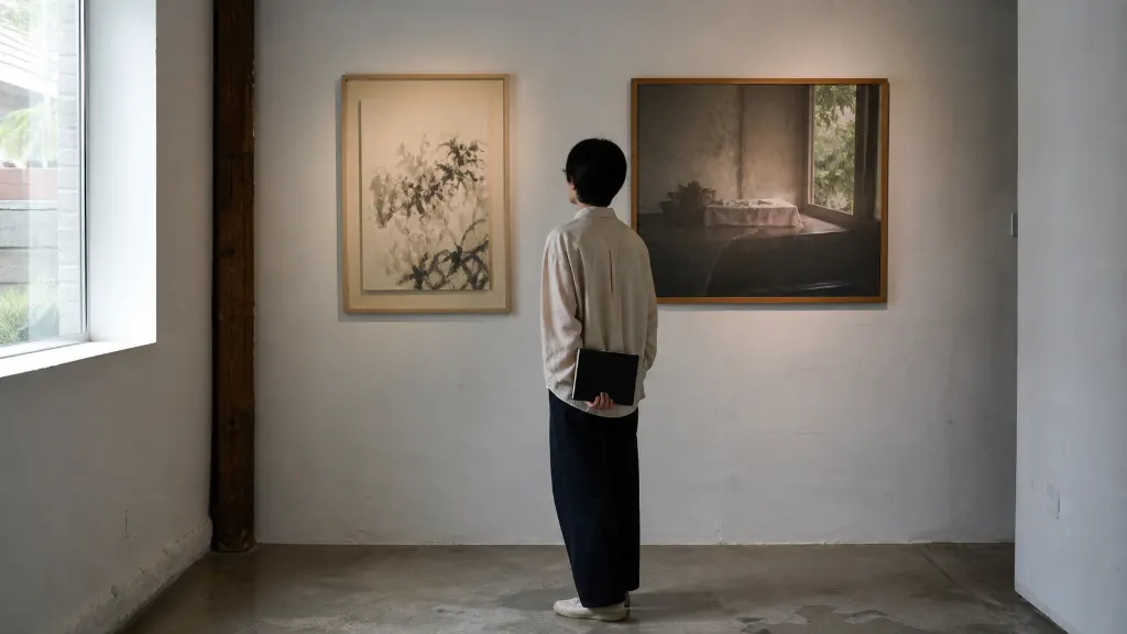 인사동 전시장 안에서 관람객이 서로 다른 재료의 작품을 번갈아 바라보며 전시 주제와 작품 사이의 연결을 생각하면서 작품 설명을 읽는 장면입니다.