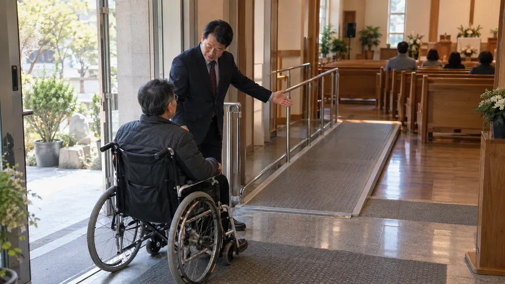 예배 공간 입구에서 안내자가 휠체어 이용자와 눈높이를 맞추고 경사로와 넓은 통로를 가리키며 자리 선택과 이동 순서를 설명한 뒤 당사자의 대답을 기다리는 장면입니다.
