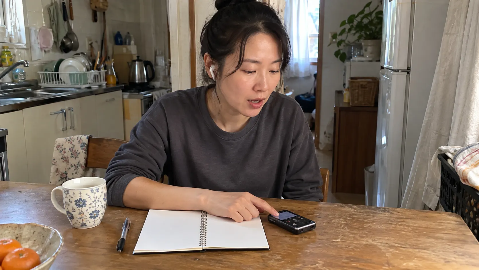 학습자가 2분 안팎의 영어 음원을 휴대전화로 멈추고, 노트에 발음과 어휘를 표시한 뒤 문장 하나를 소리 내어 녹음하는 모습입니다. — 짧은 자료의 반복 순서(영어 반복 듣기에서 매번 확인할 발음·어휘·문장 구조) 내용을 보여주는 사진