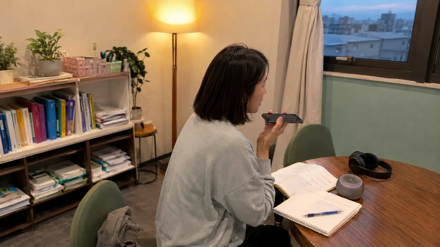 학습자가 짧은 영어 문장을 들은 뒤 자신의 목소리로 따라 말하고 다시 재생하며 귀에 들어온 연결 소리와 입에서 나오는 발화를 맞추는 소리 훈련 장면입니다.