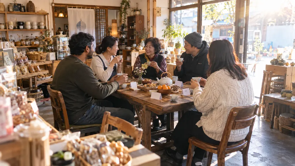 이주민과 지역 주민이 작은 테이블에 마주 앉아 차를 나누며 이름과 생활 이야기를 듣는 첫 만남의 장면입니다. 서로 다른 배경의 참여자가 한쪽에 몰리지 않은 모습입니다.