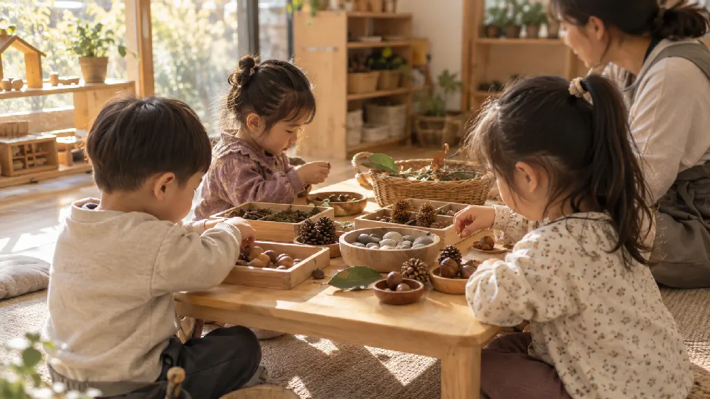 유아가 재료와 역할을 스스로 고르고 같은 동작을 다시 해보는 장면입니다. 교사는 필요한 순간에만 가까이에서 돕고 있어 선택과 반복이 놀이의 중심임을 보여줍니다.