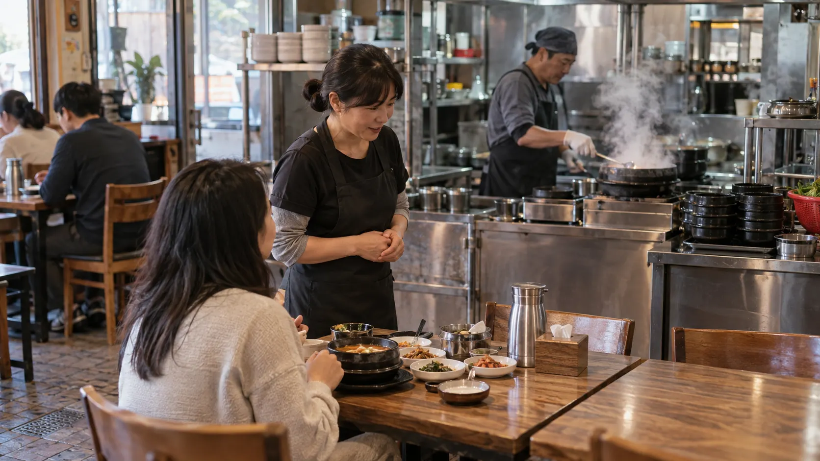 직원이 식탁의 손님에게 손짓으로 예상 대기시간을 설명하고 뒤편에서는 증기 오르는 솥밥이 준비되는 장면을 담습니다. 주문 직후 안내가 이뤄지는 상황입니다.