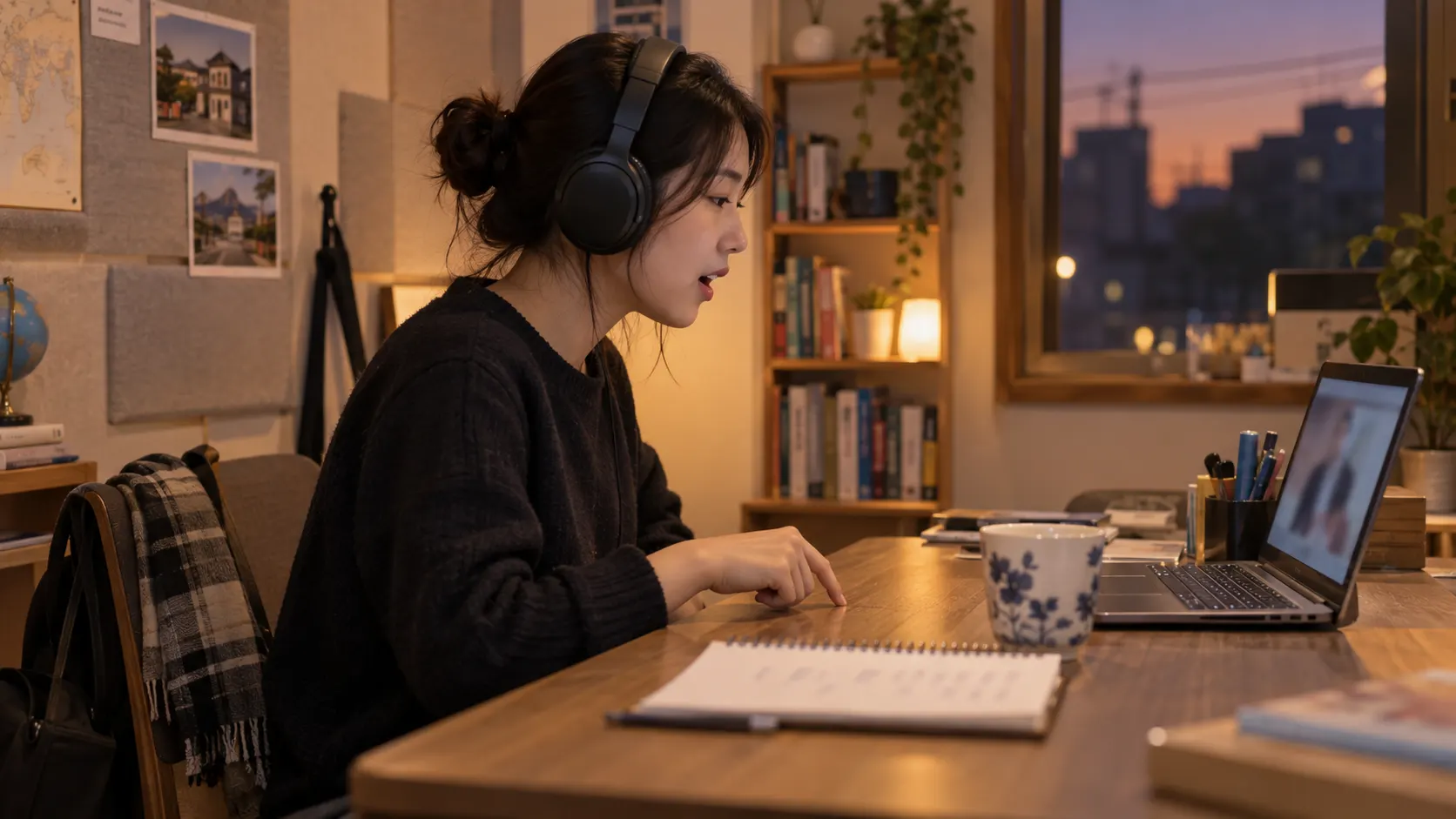 조용한 방에서 헤드폰을 쓴 학습자가 짧은 영어 문장을 들으며 손가락으로 소리 덩어리의 경계를 표시하고, 같은 구간을 입으로 따라 말하는 장면입니다.