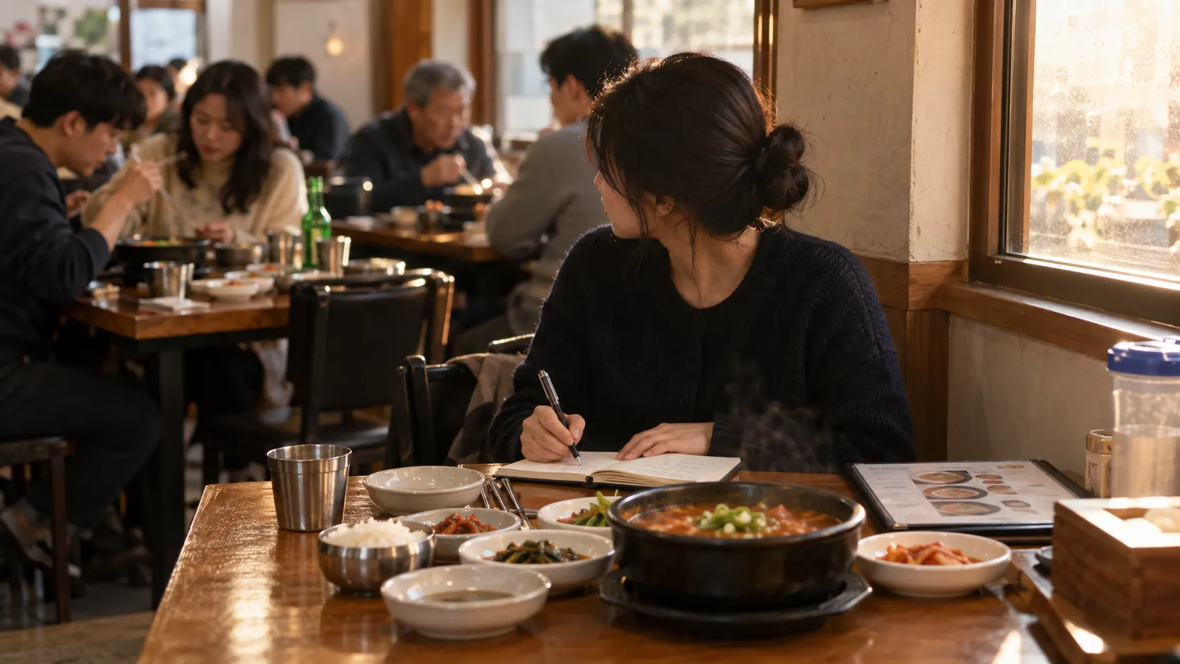 손님이 메뉴판에서 고른 항목과 동행 인원을 기록하고 주문 뒤 추가 선택과 테이블 회전 흐름을 함께 관찰하며 맛 외 운영 단서를 읽는 장면입니다.
