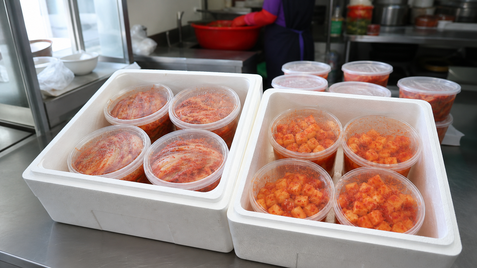 밀폐 용기에 담긴 김장김치가 냉장 배송 상자에 정리되어 있어 포장 단위와 납품 준비 상태를 보여주는 장면 — 포장 단위와 배송 조건(김장김치 전문 상담) 내용을 보여주는 사진