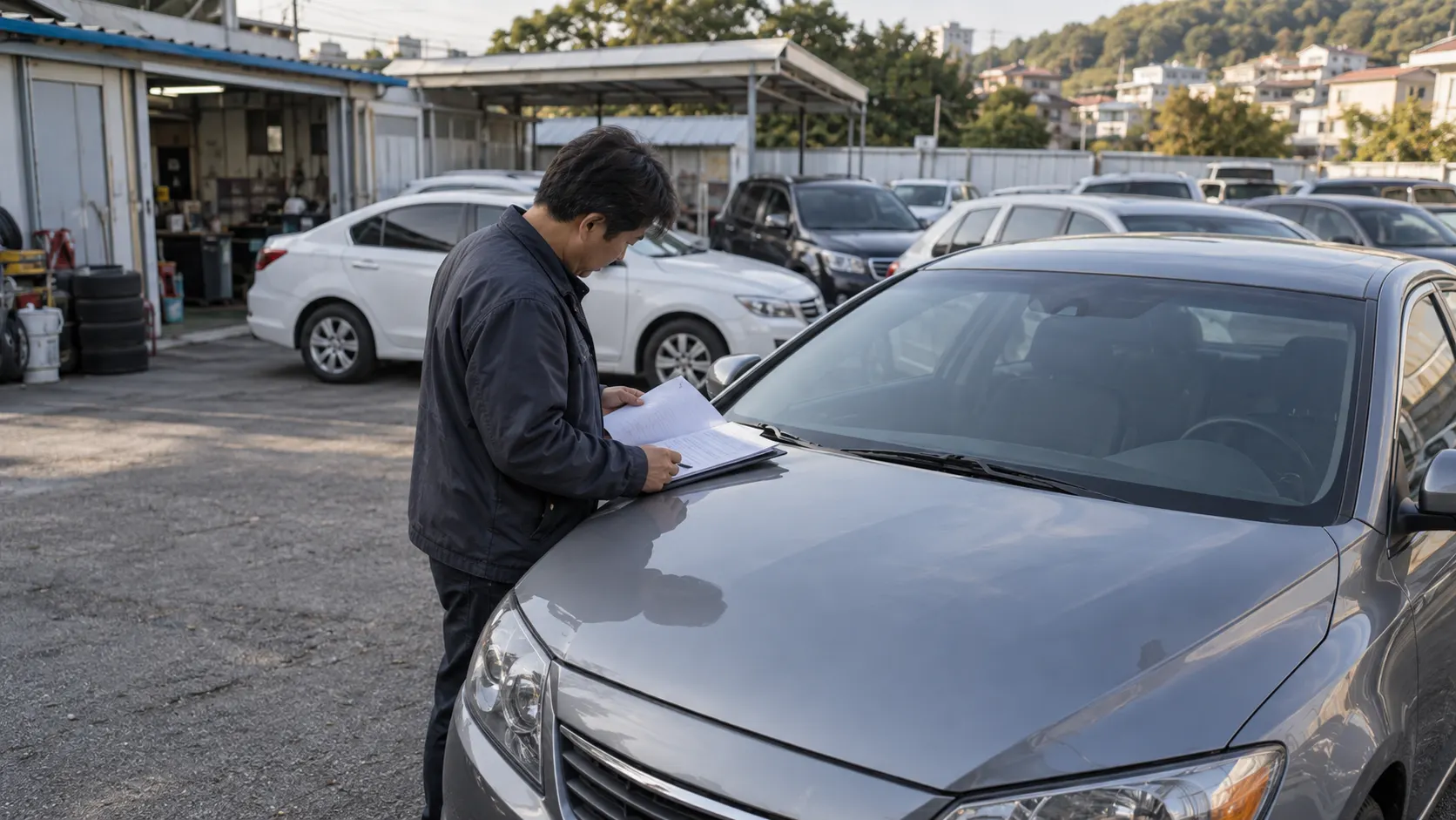 사업자가 차량 구매 서류와 운행 기록을 대조하며 업무용 사용 여부를 확인하는 장면으로, 승용차 관련 매입세액 제한과 실제 영업 사용 기준을 신고 전 확인하는 과정을 보여줍니다.