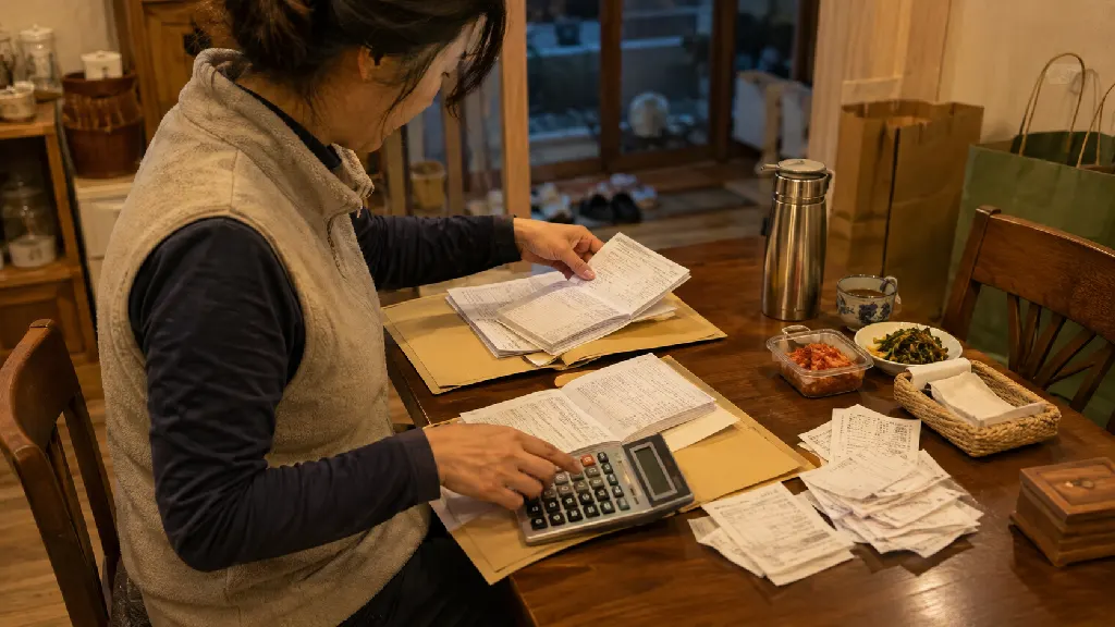 은행 거래내역서를 펼친 책상 위에서 사업자금과 개인지출을 두 개의 파일로 나누고, 영수증과 카드 전표의 금액을 월별 표와 대조하는 정리 장면을 보여줍니다.