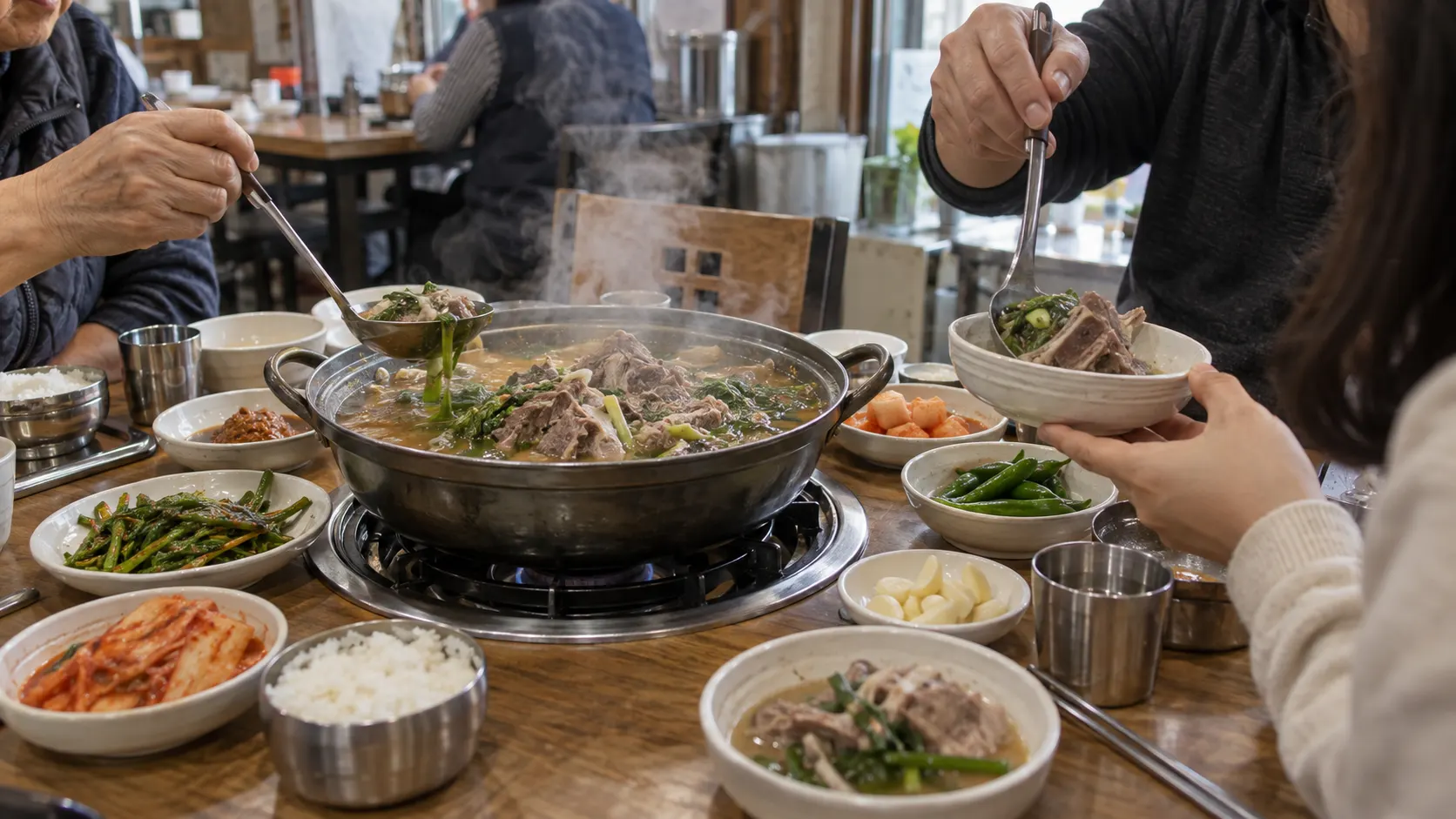 가족 모임이나 회식 자리에서 큰 전골 냄비를 가운데 두고 각자 그릇에 국물과 고기를 덜어 먹는 장면입니다. 함께 먹는 방식과 식사 속도에 맞춘 메뉴 선택을 보여 줍니다.