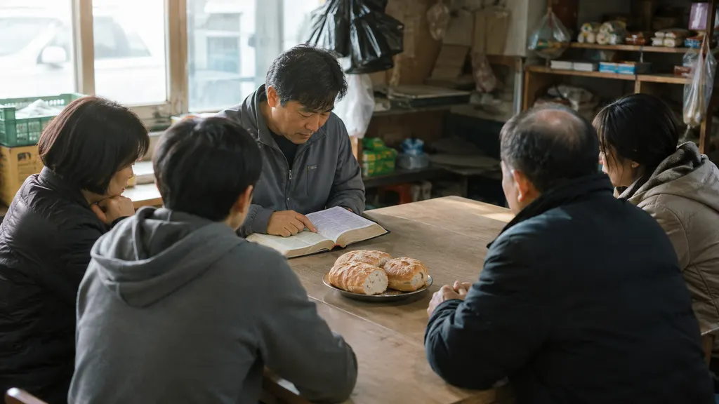 초기 기독교 공동체가 일요일에 모여 열린 성경을 듣고 빵을 나누는 장면으로, 안식일과 구별되는 주일 모임의 역사적 의미를 설명합니다. 예수 그리스도의 부활을 기억하는 예배 전통과 연결됩니다.