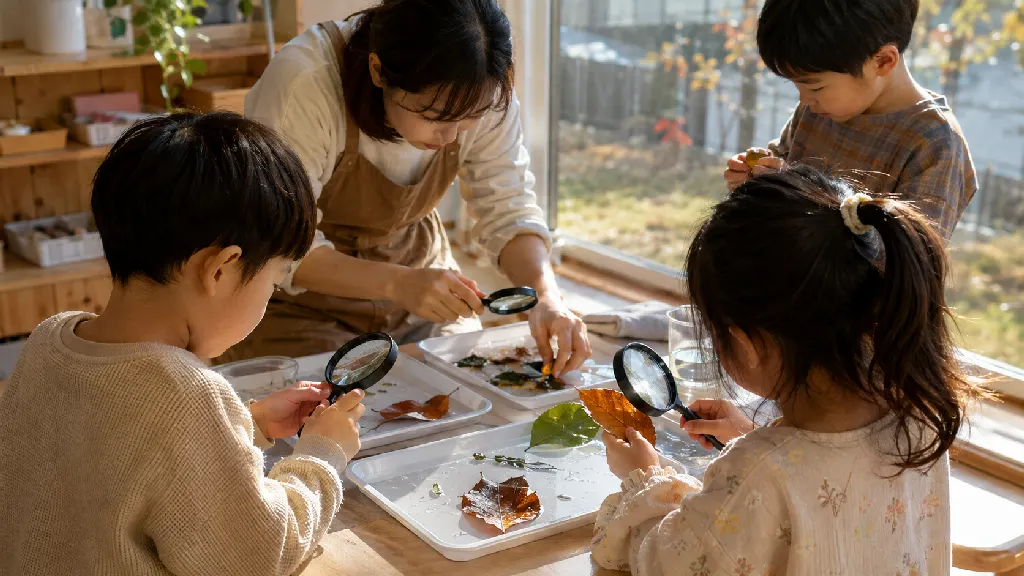 비로 야외 관찰을 대신해 창가 주변의 실내 공간에서 잎과 물방울을 살펴보는 아이들, 교사가 이동 없이 진행하는 대체 일정의 활동 순서와 관찰 결과를 안내하는 장면입니다.
