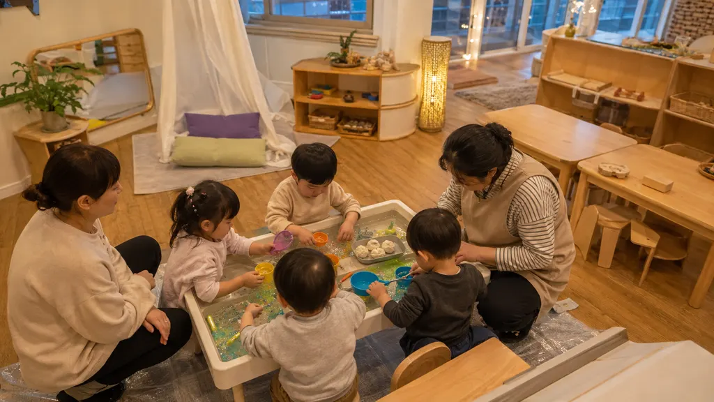 3~5세 유아가 소그룹 체험에서 차례를 기다리고 재료를 사용합니다. 교사와 진행자의 역할에 따라 참여 흐름이 달라지고 보호자 동반 여부를 함께 확인하는 장면입니다.
