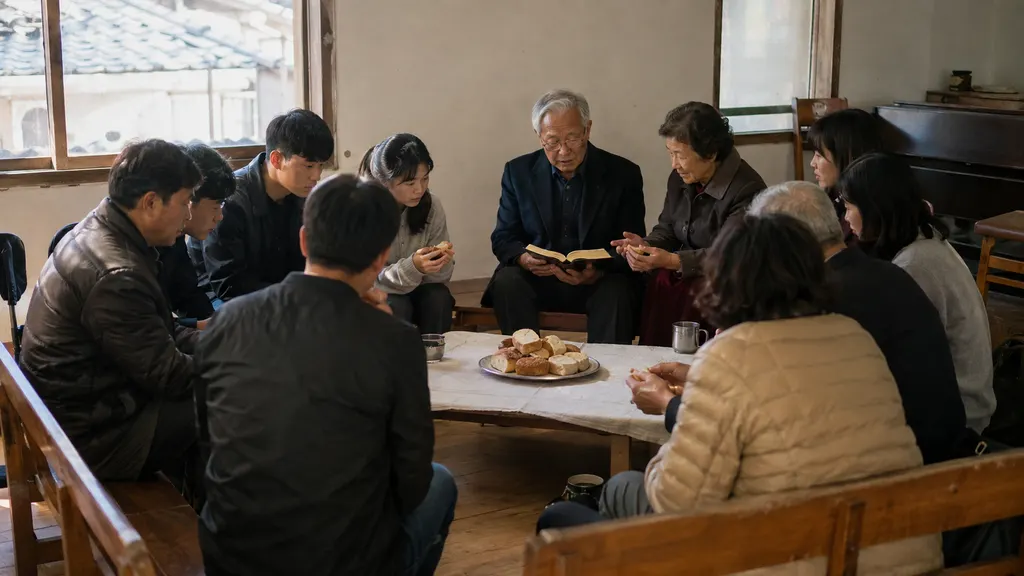 일요일 아침 예배 공간에서 성도들이 성경 낭독을 듣고 빵을 나누며 부활을 기념하는 모습입니다. 첫째 날 공동체 모임의 의미와 개인 묵상과 구별되는 예배 장면이 함께 드러납니다.