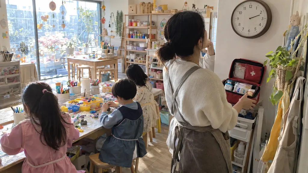 실내 체험 공간에서 담당자가 응급가방과 시계를 확인하고, 안전 담당자와 어린이들이 만들기 활동을 시작하기 전 정해진 자리에서 인원과 진행 순서를 확인하는 장면입니다.