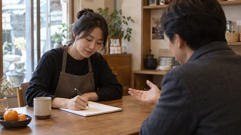 대표가 코치와 마주 앉아 질문을 들으며 빈 메모지에 목표와 다음 행동을 적는 장면으로, 답을 전달받기보다 스스로 판단을 좁혀 가는 대화의 흐름을 보여줍니다. 두 사람의 시선과 메모 위치가 집중된 대화를 드러냅니다.