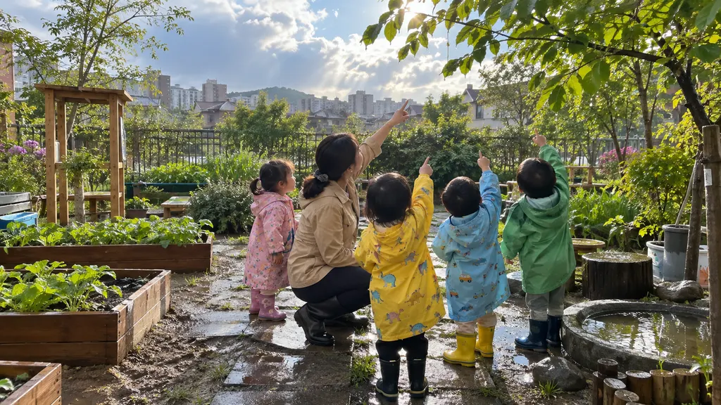 유아들이 가벼운 비가 지난 야외 정원에서 구름 모양과 흔들리는 잎을 가리키며 질문 대상을 나누는 장면입니다. 교사는 아이들의 시선을 따라 관찰할 현상을 기록합니다.