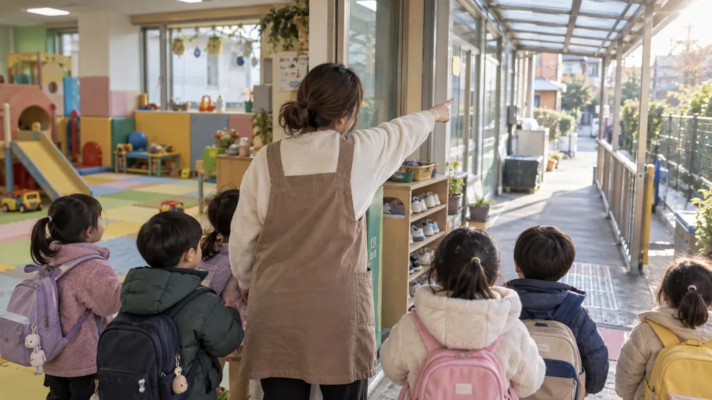 예약 전 교사가 실내 활동 공간과 덮개가 있는 이동 구간을 비교하며 아이들의 옷차림, 이동 거리, 휴식 장소, 우천 대체 조건을 확인하는 현장 판단 장면입니다.