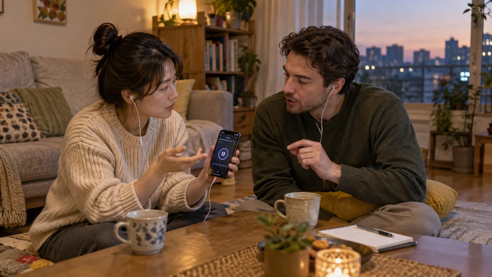 영어 대화 연습 중 학습자가 들은 문장의 앞부분을 짚고 빠진 요일 표현만 다시 말해 달라고 요청하는 장면입니다. 곁에는 휴대전화와 작은 메모장이 놓여 있습니다.