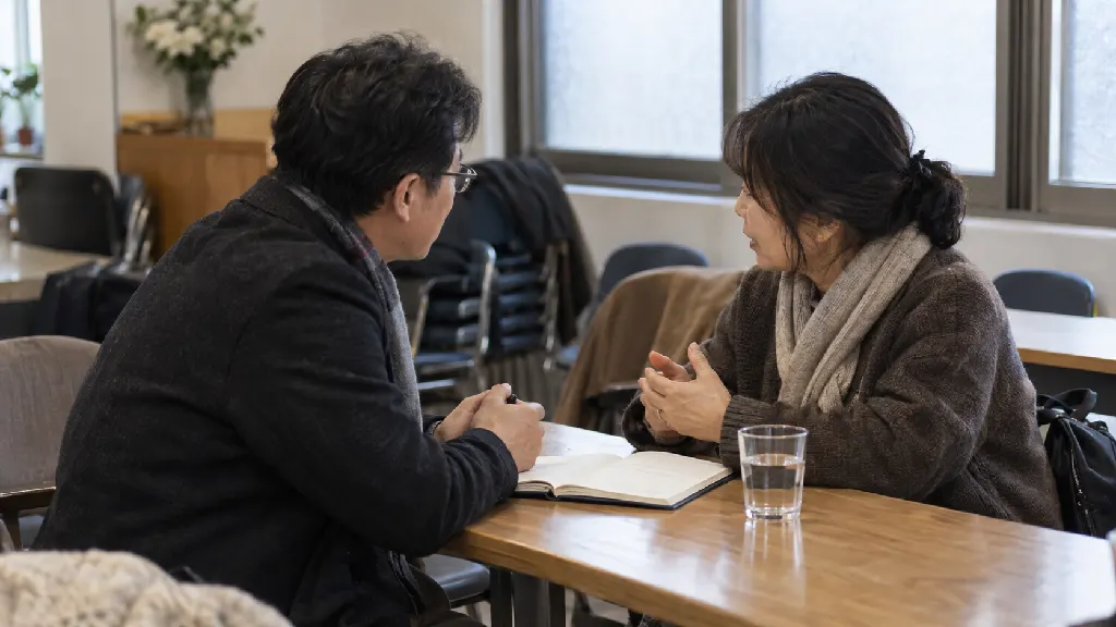 예배 뒤 조용한 공간에서 두 사람이 메모를 펼쳐 불편했던 장면과 서로 지켜야 할 경계를 차분히 확인하는 모습으로, 감정과 사실을 나누고 안전한 대화를 준비하는 과정을 보여 줍니다.