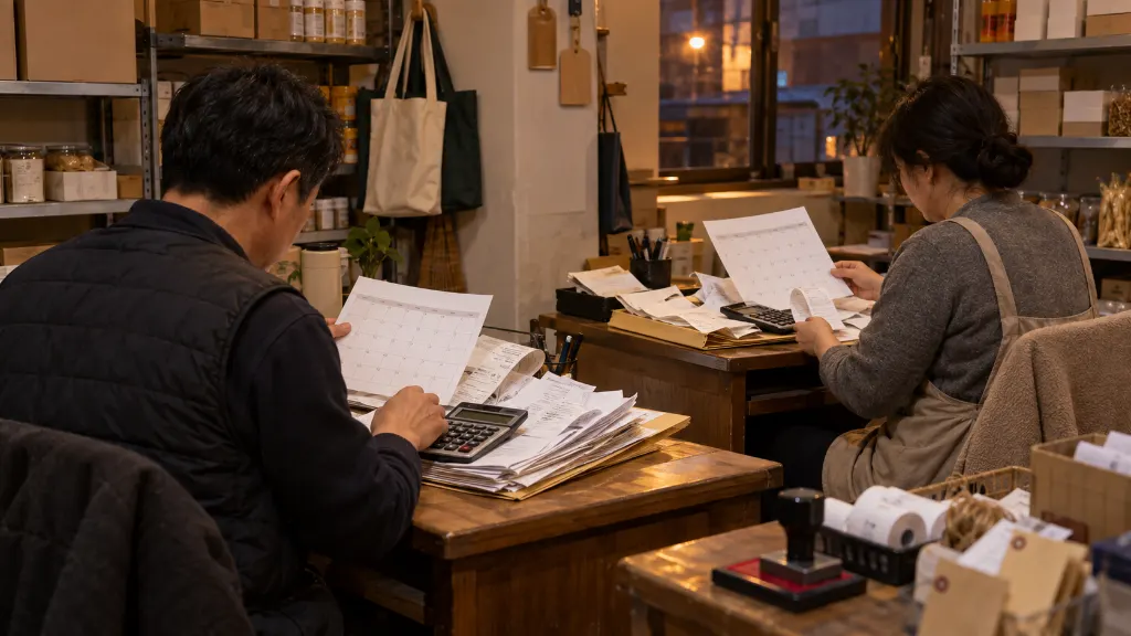 개인사업자와 법인 대표자가 서로 다른 신고 주기를 비교하며 달력과 매출 증빙을 나누어 정리하는 장면입니다. 예정신고와 확정신고의 흐름 차이도 함께 보여 줍니다.