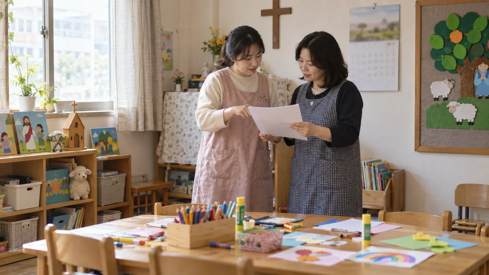 교회학교 예배 전 출석 확인과 교재 준비를 한 사람에게 몰지 않고 주 담당자와 대체 담당자가 업무 시작 시점과 인수인계 내용을 함께 확인하는 장면입니다.