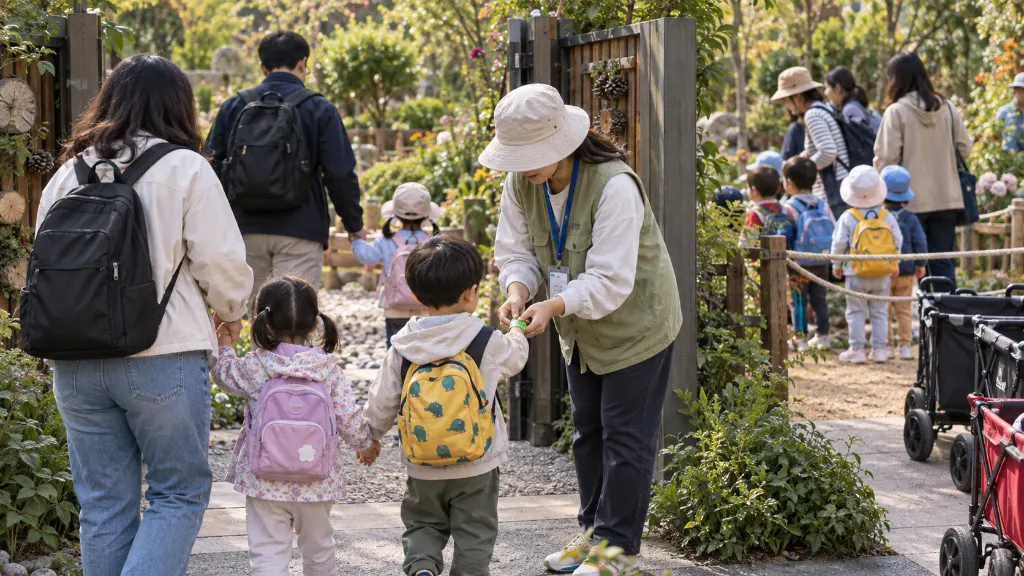 보호자와 아동이 함께 입장하는 가족형과 기관 담당자가 여러 유아의 참여 인원을 확인하는 단체형을 비교해, 신청자와 동행자 구분을 보여주고 현장 책임자의 역할도 드러내는 장면입니다.
