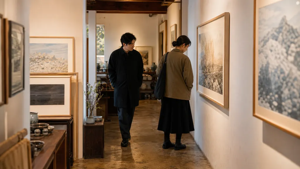 작은 전시장에서 관람객이 작품 앞 통로를 비워 두고 한쪽으로 이동하며 무음으로 설정한 휴대전화와 촬영 안내를 확인하는 관람 예절을 보여 줍니다. 다른 관람객의 시선을 막지 않는 모습입니다.