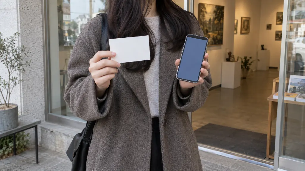 관람객이 조용한 갤러리 입구에서 표시 없는 이동 경로 카드와 휴대전화를 번갈아 살피며 입장 방식과 이동 동선을 확인하는 장면입니다. 주변의 대기 공간도 함께 보입니다.