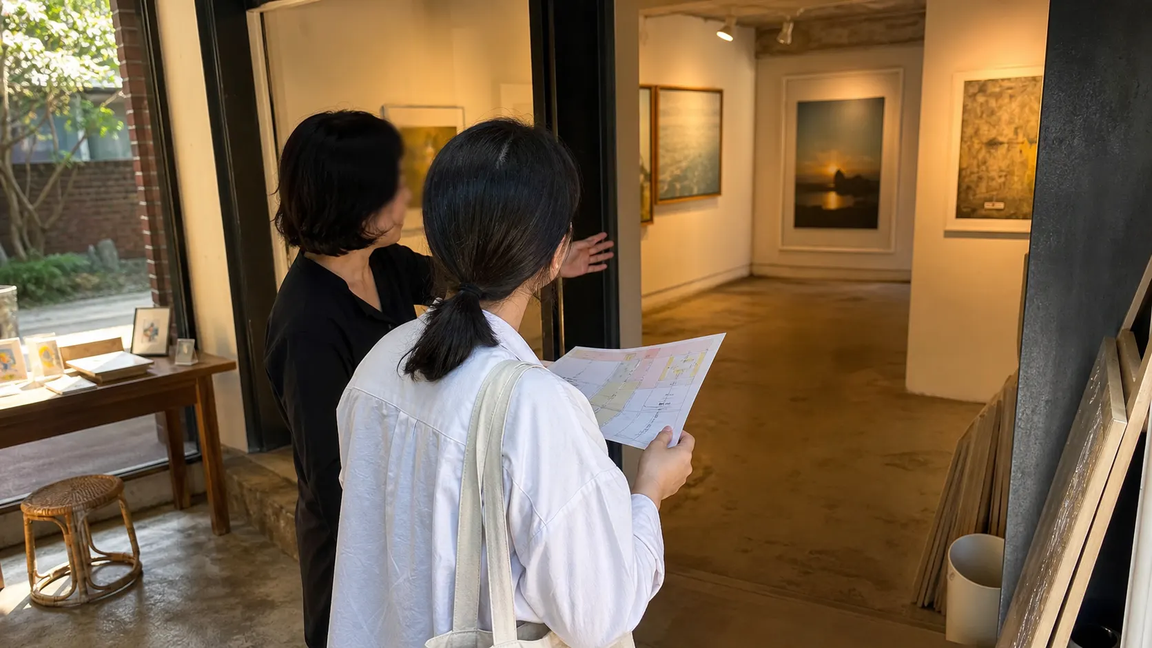 방문자가 접힌 안내 지도를 확인하고 직원의 손짓을 따라 전시장으로 이동하는 장면입니다. 입구에서 관람 조건과 동선 정보를 찾는 모습을 보여 줍니다.