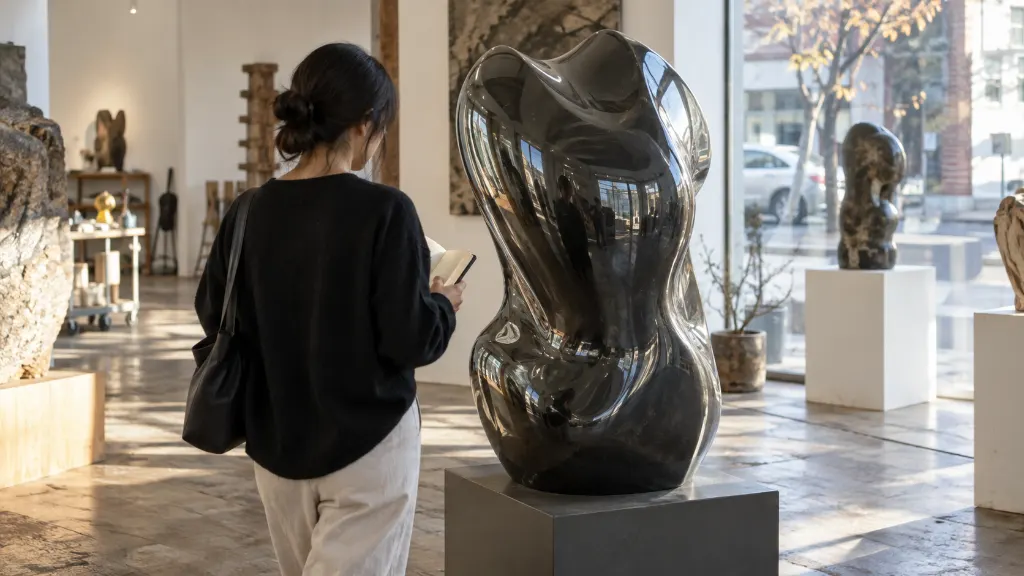 관람객이 작품의 정면과 측면을 오가며 옻칠 표면의 반사와 벽 사이 여백을 비교하고, 이동에 따라 달라지는 형태감을 기록하는 장면입니다. 전시 동선이 감상에 미치는 영향도 함께 보여 줍니다.
