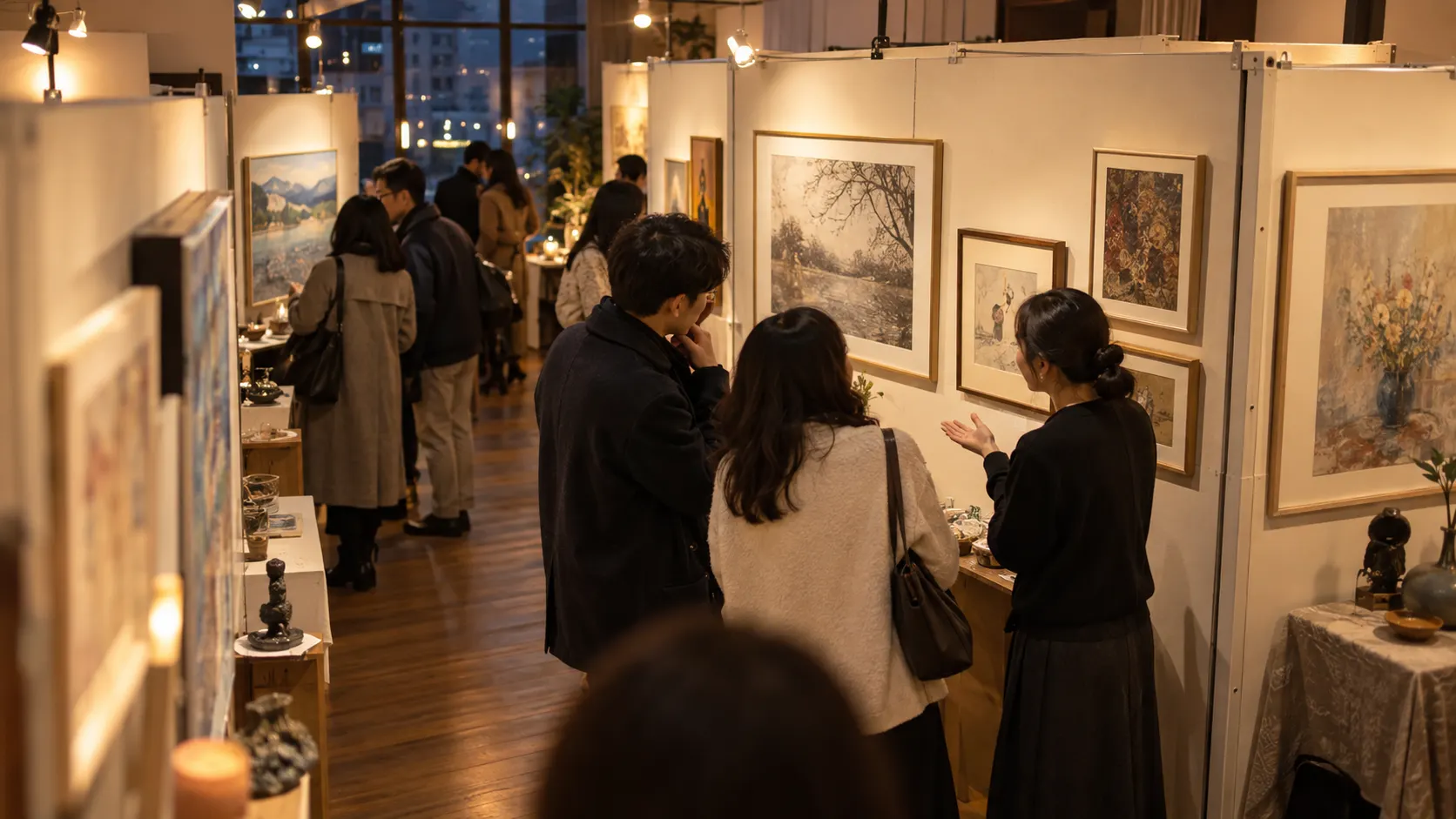 여러 부스로 나뉜 전시장에서 관람객이 작품의 크기와 재료를 비교하고 담당자의 설명을 들으며 이동하는 모습으로, 아트페어의 빠른 비교 관람 흐름을 보여 줍니다.