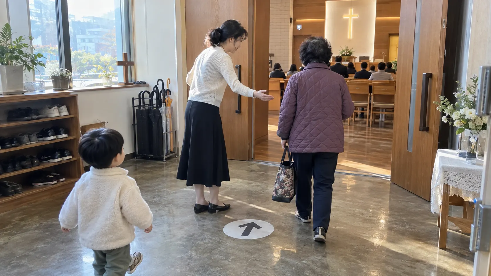 안내자가 노년 예배자에게 손짓으로 조용한 이동 경로를 알려 주고, 어린이가 바닥의 방향 표지를 따라 예배실 입구로 향하며 말과 시각 신호를 함께 쓰는 상황을 보여 줍니다.