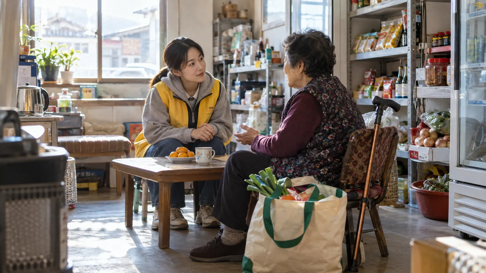 지역 주민과 봉사자가 생활 공간에서 마주 앉아 불편한 상황을 듣고 이동 동선과 주변 환경을 기록하는 장면입니다. 주민의 말과 관찰 내용을 나누어 적는 과정도 보여 줍니다.