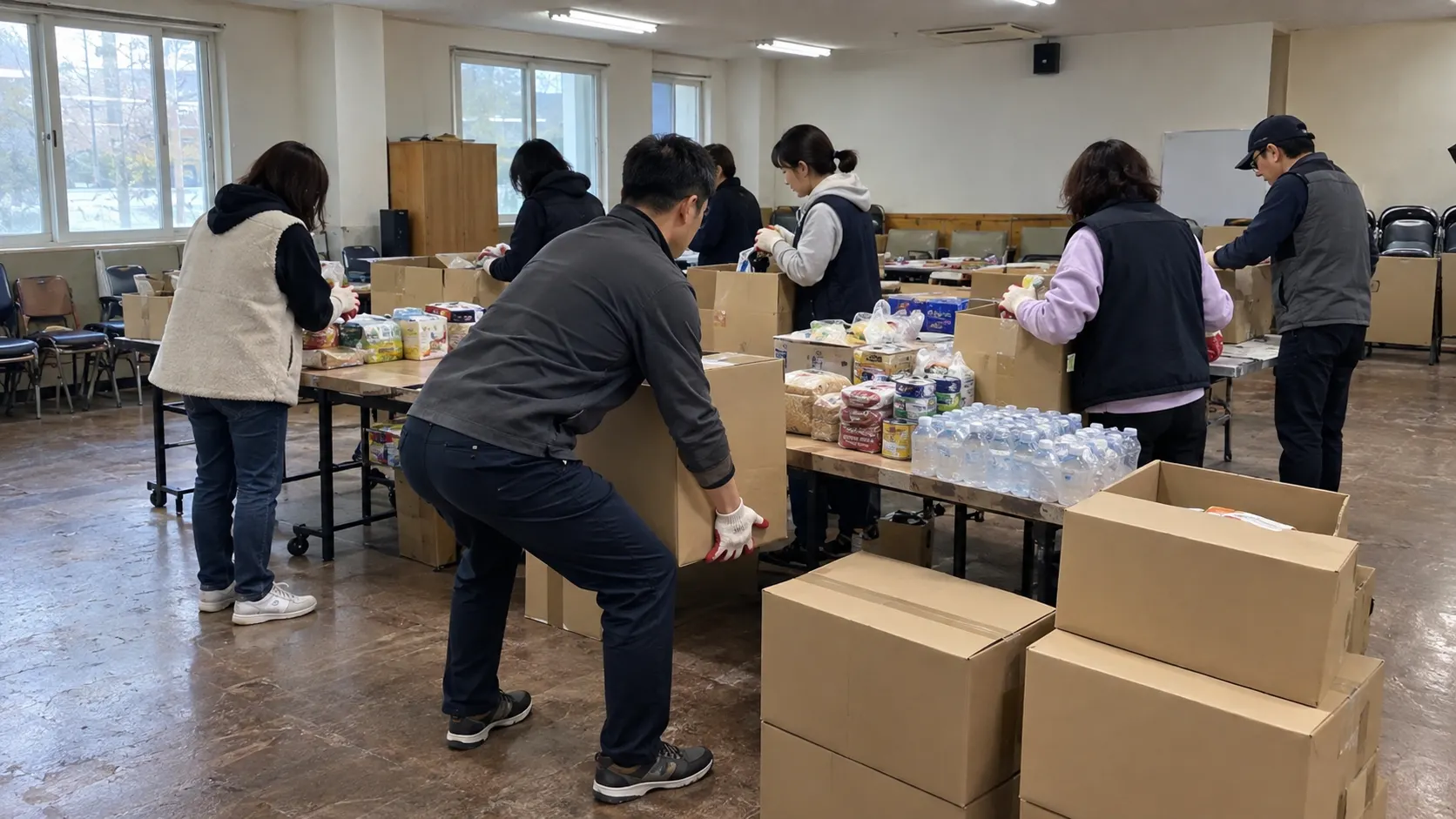교회 안에서 반복되는 봉사 업무와 지역 현장 봉사의 차이를 보여 주는 장면입니다. 봉사자들이 상자와 보호 장비를 준비하며 맡은 역할과 협력 범위를 나누는 모습이 드러나 활동 범위의 차이를 이해하게 합니다.